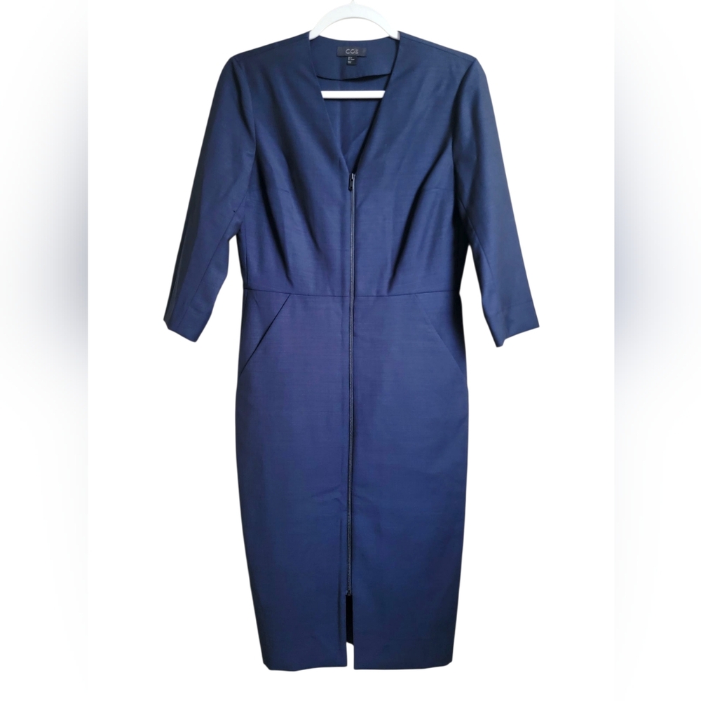 COS Navy Blue 100% Wool‎ 3/4 Sleeves Business Casual Tailored Sheath Dress US 6